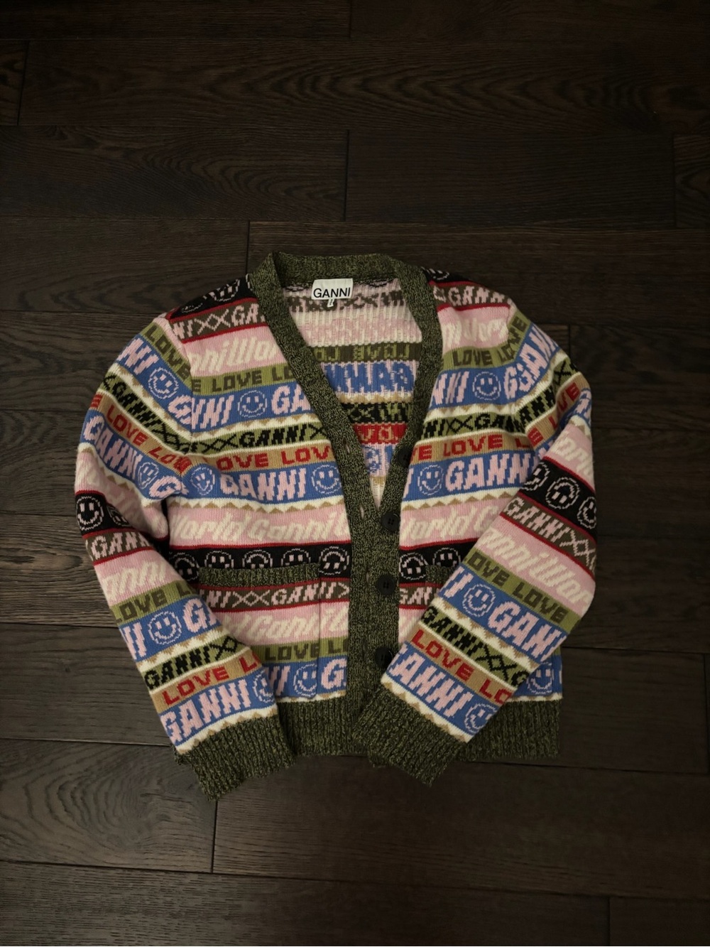 Ganni Multicolor Knit Cardigan with Olive Trim and Graphic Motifs